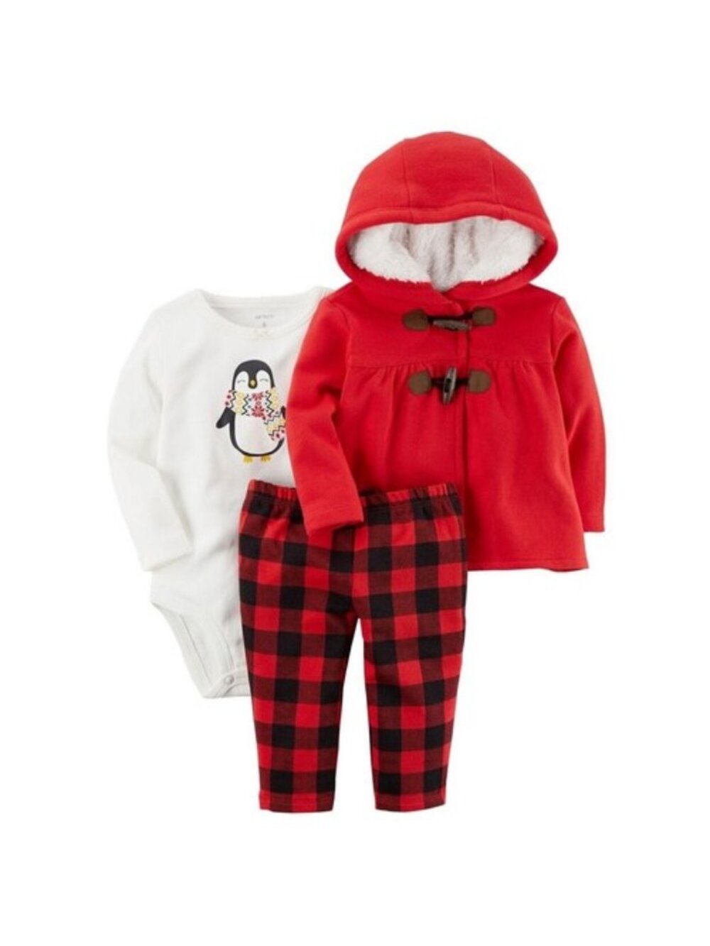 Sherpa Hooded Cardigan Jacket Penguin Bodysuit & Buffalo Plaid 3 Piece Outfit 3m